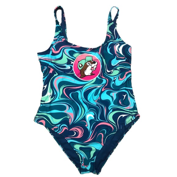 Texas Snacks Buc-ee's One‎ Piece Swimsuit Women's L  Blue Swirl Padded NEW - Picture 1 of 6